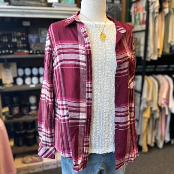 NWT Maroon One Pocket Plaid Top - Picture 1 of 1